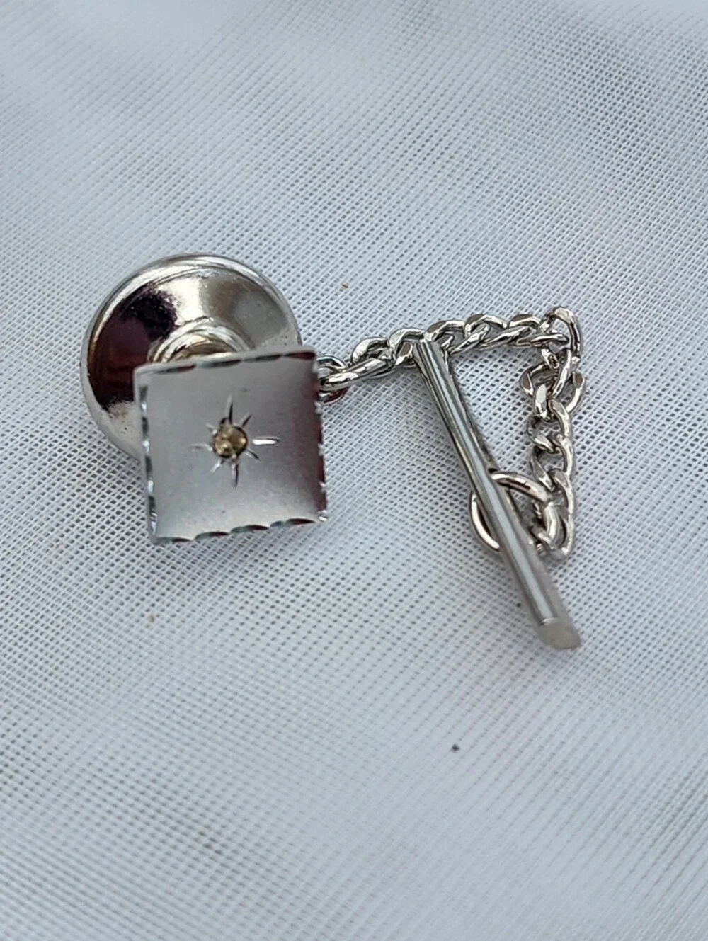 Vintage MCM Atomic Sterling Tie Tack Square Starburst Anson Small Stone Center